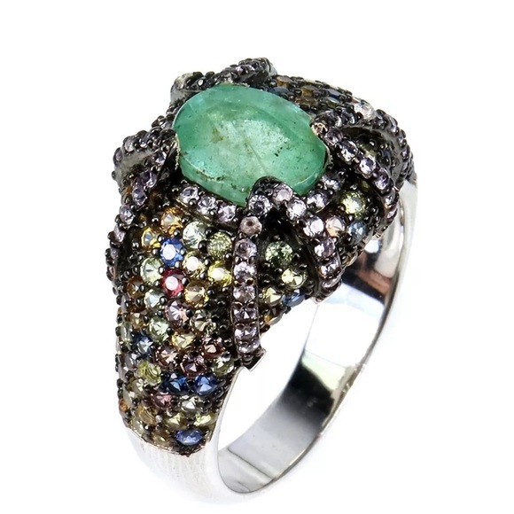 Natural Unheated Oval Emerald 8x6mm Sapphire 925 Sterling Silver Rinng Sz 8.5 - Picture 2 of 3